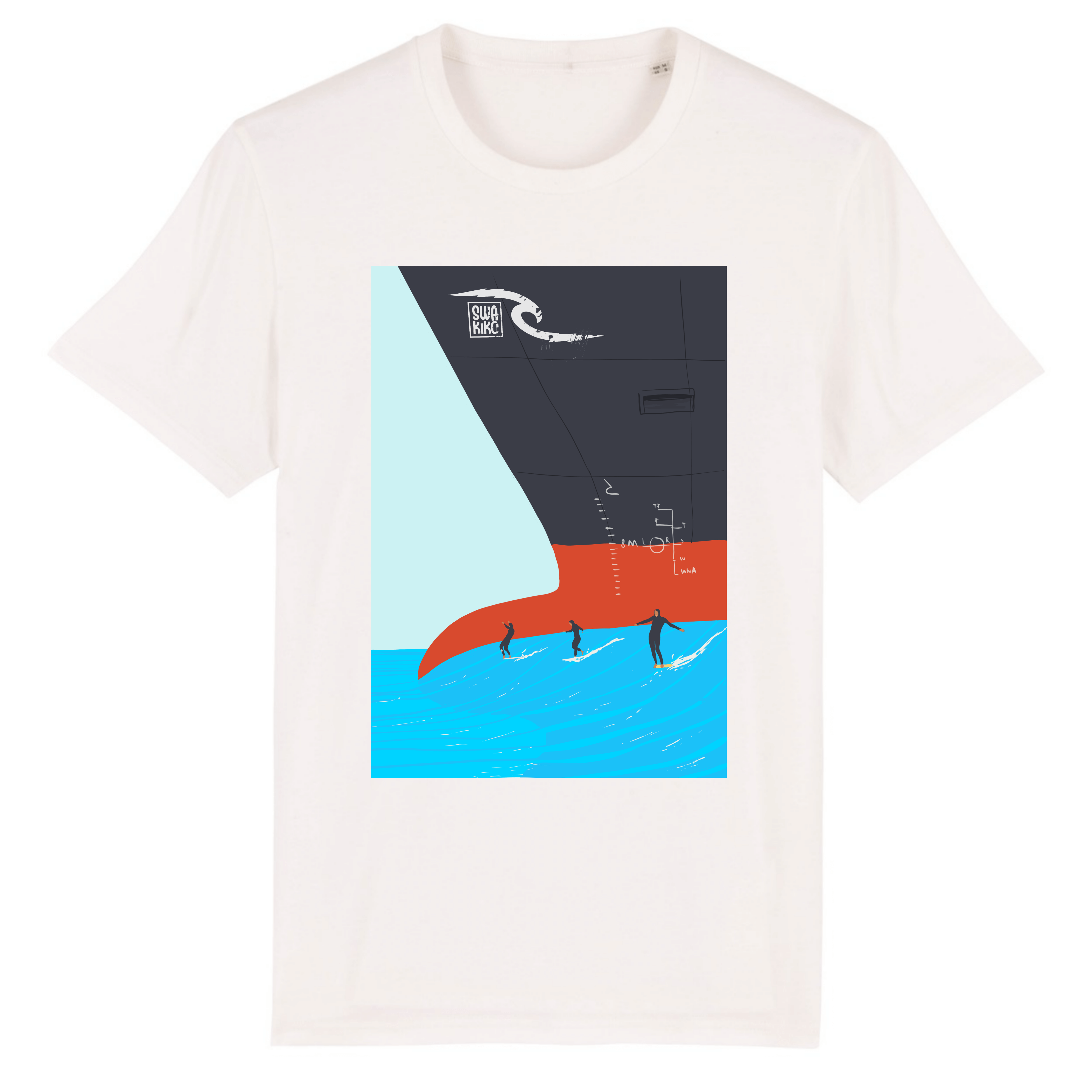Wit T-shirt met een vrachtschip die golven maakt waarop surfers surfen