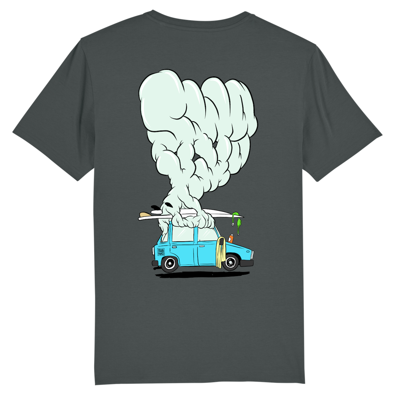 Antraciet Surf t-shirt met design van een rokende auto van de stoke met surfboard op dak