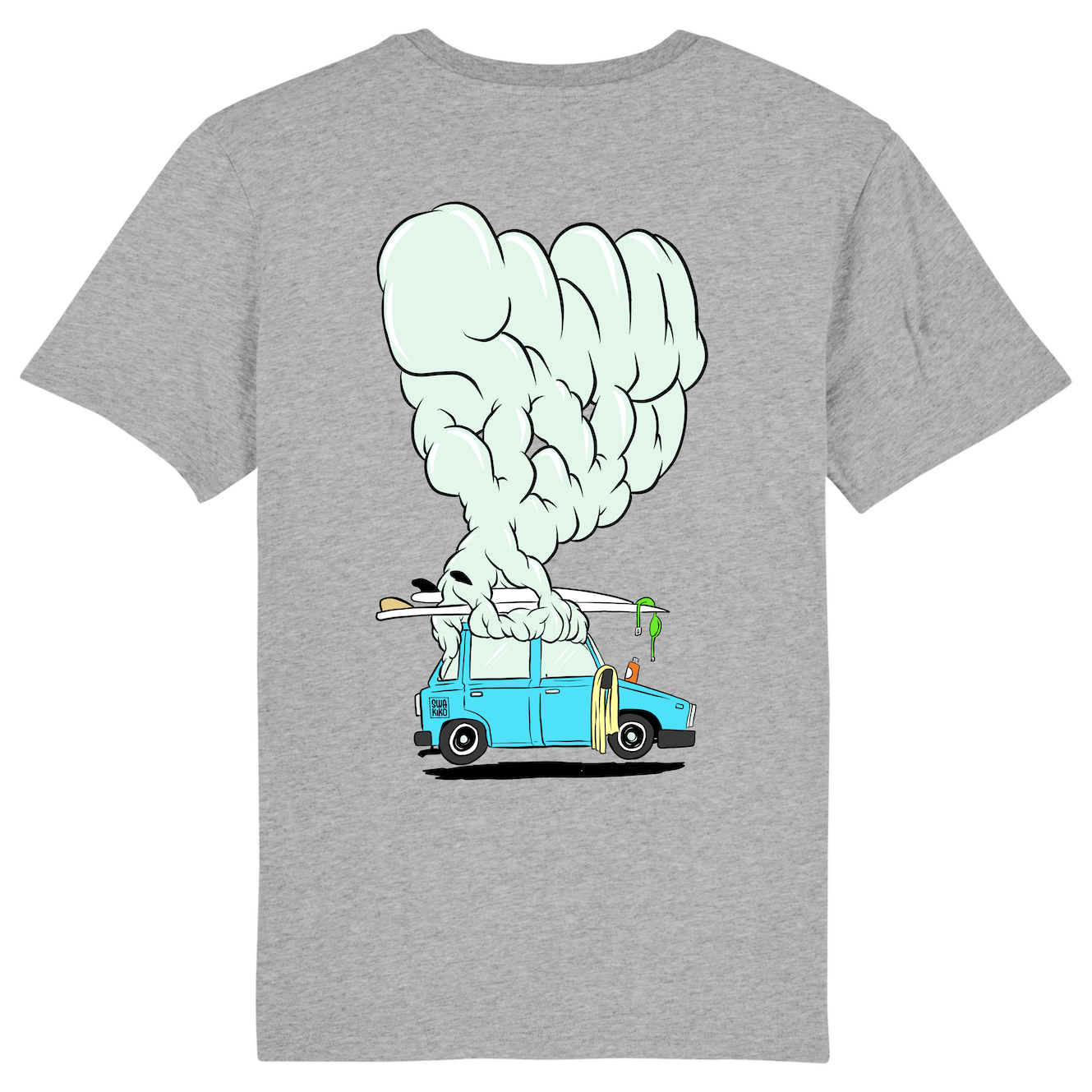 Grijs Surf t-shirt met design van een rokende auto van de stoke met surfboard op dak