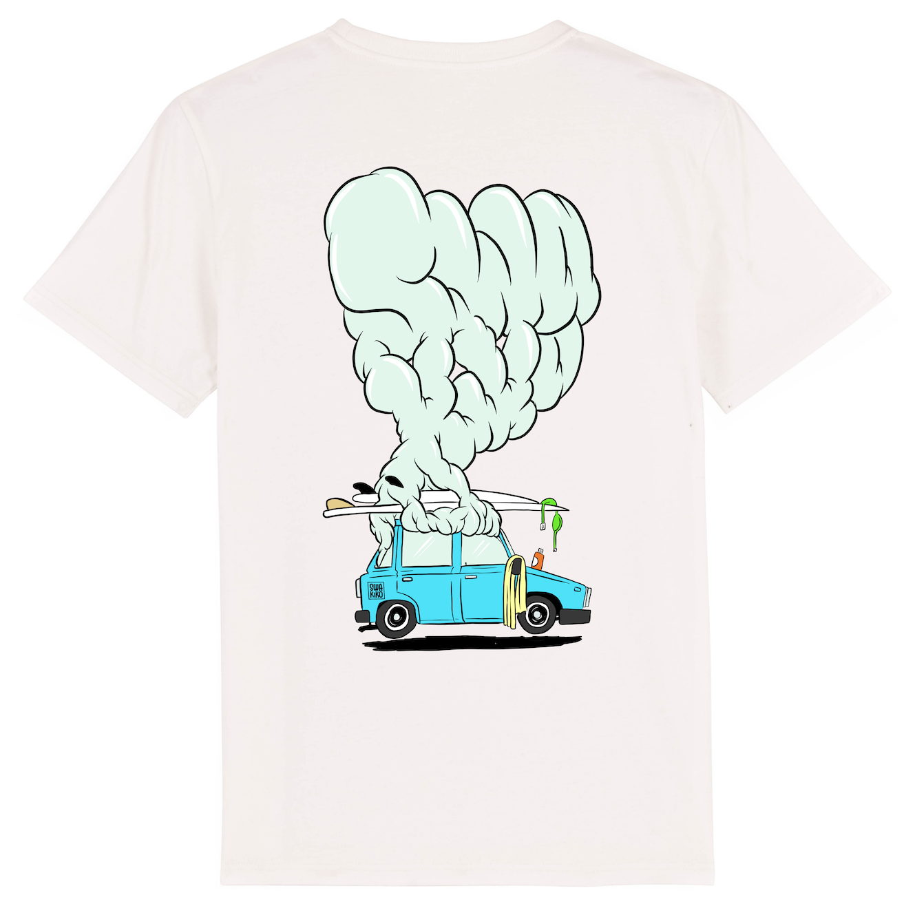 Wit Surf t-shirt met design van een rokende auto van de stoke met surfboard op dak
