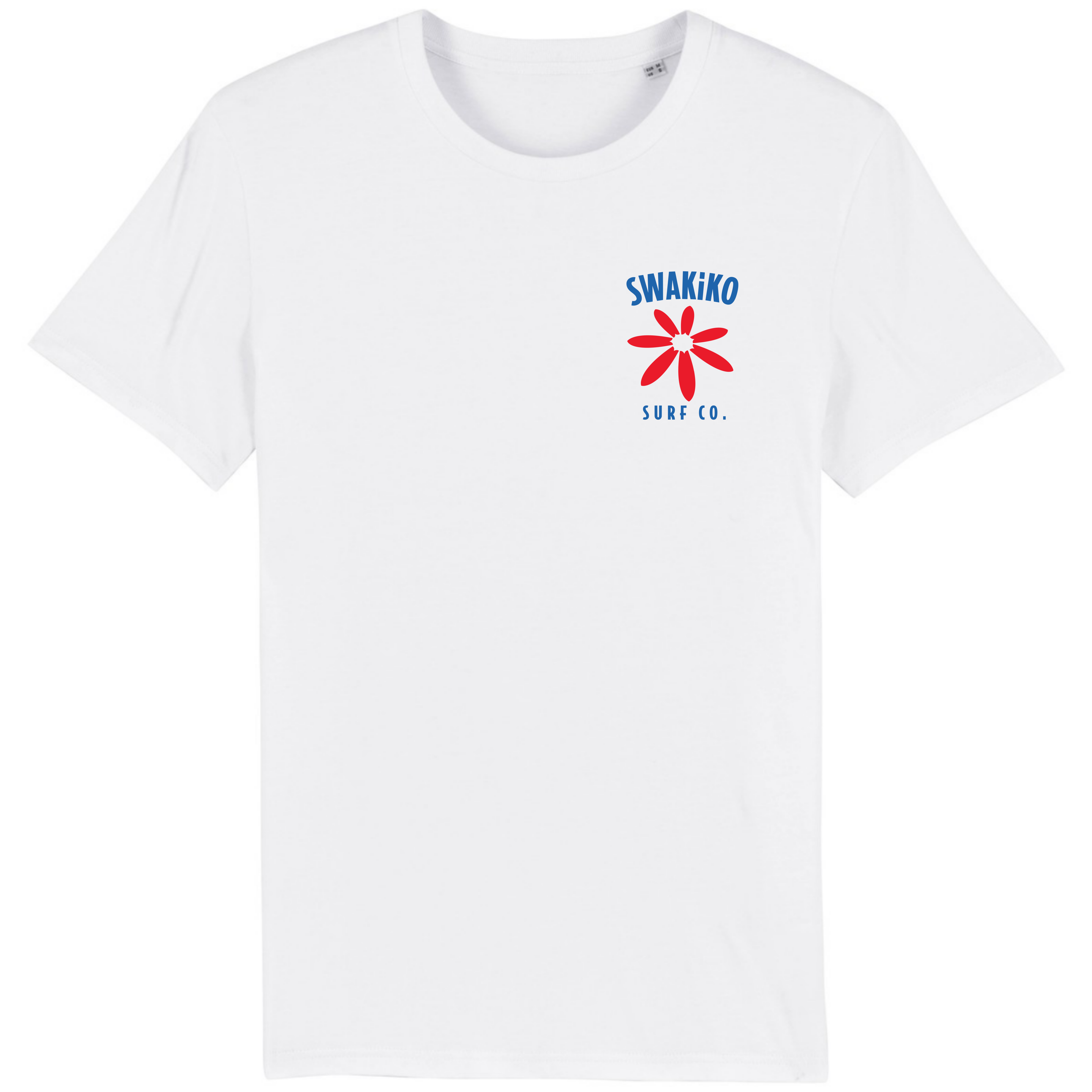 Wit surf T-shirt met op de borst het SWAKiKO logo en een bloem bestaand uit surfboards