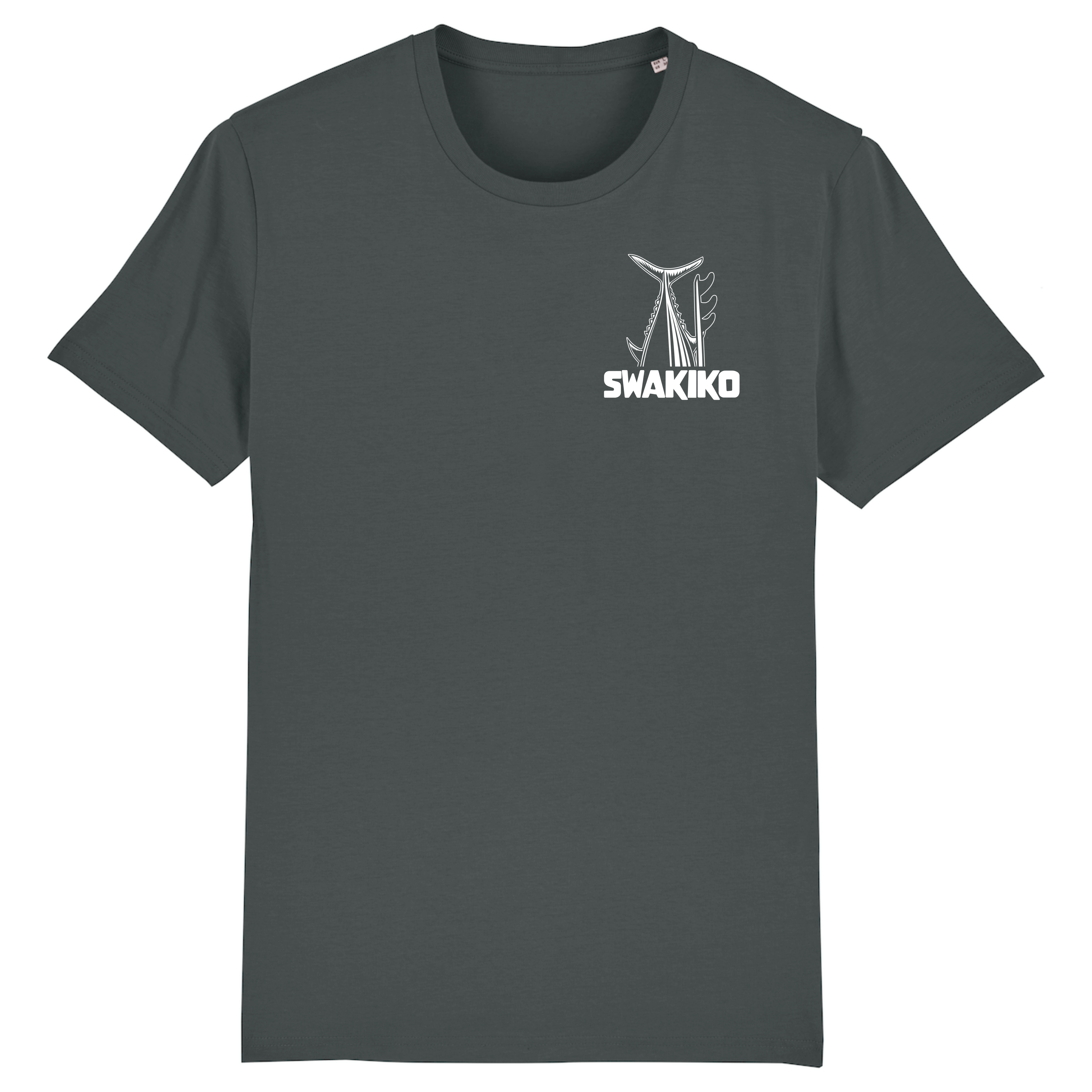 Voorkant van het antraciete Bonaire T-shirt met op de borst het SWAKiKO logo en de staart van de tonijn naast een surfboard