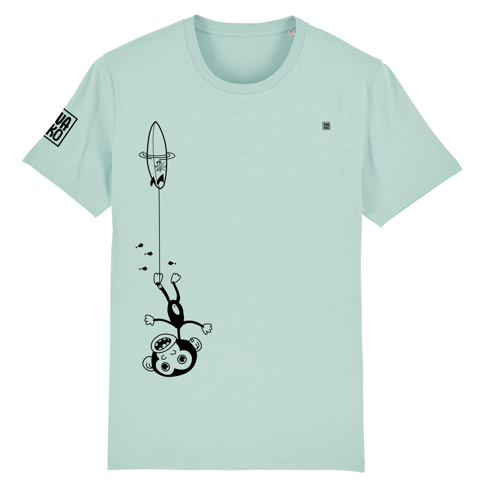 Grappig turquoise surf T-shirt: Ondersteboven hangende aap aan surfboard, gepakt door golf - Hilarisch design 