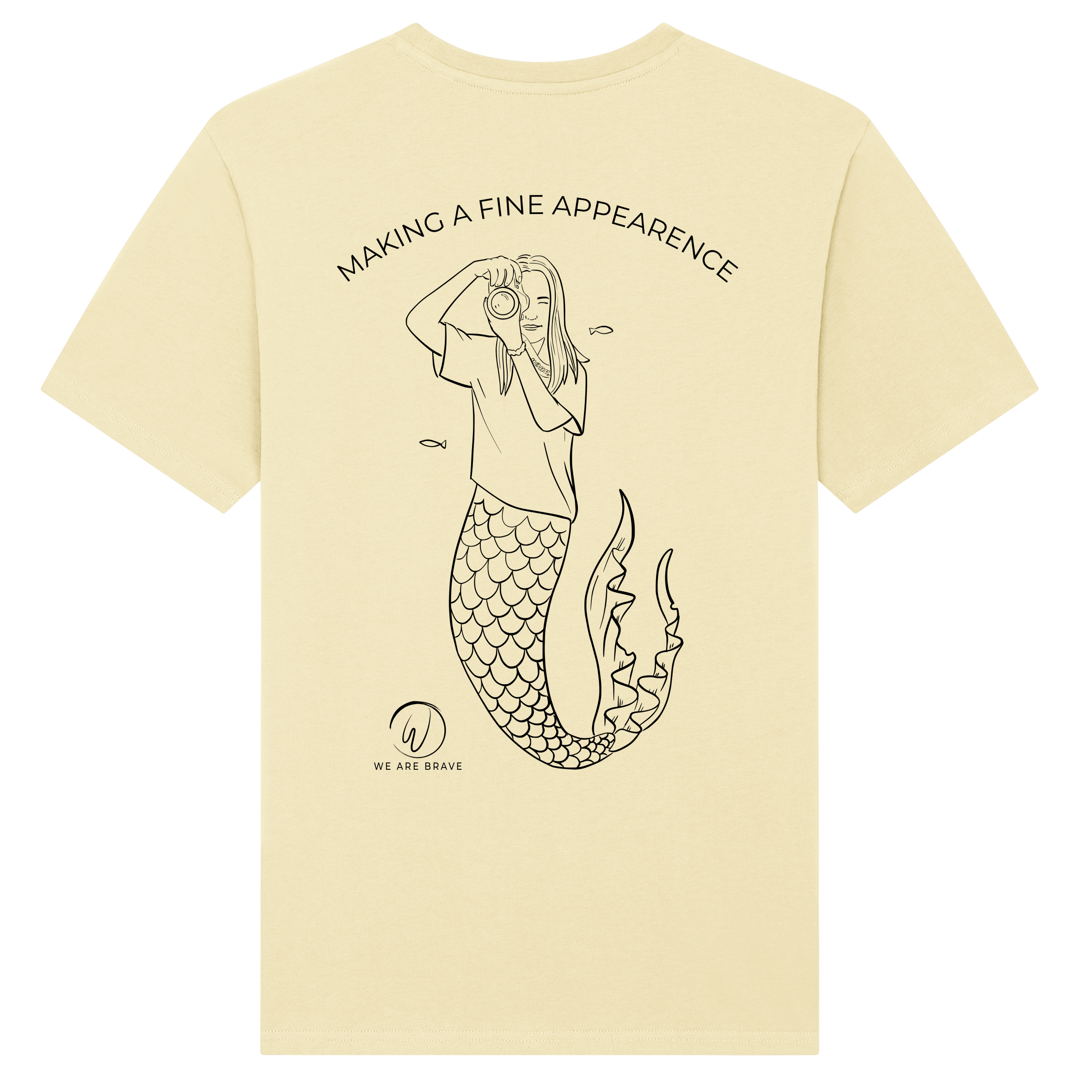 Geel T-shirt met een fotograferende zeemeermin voor We are Brave productions