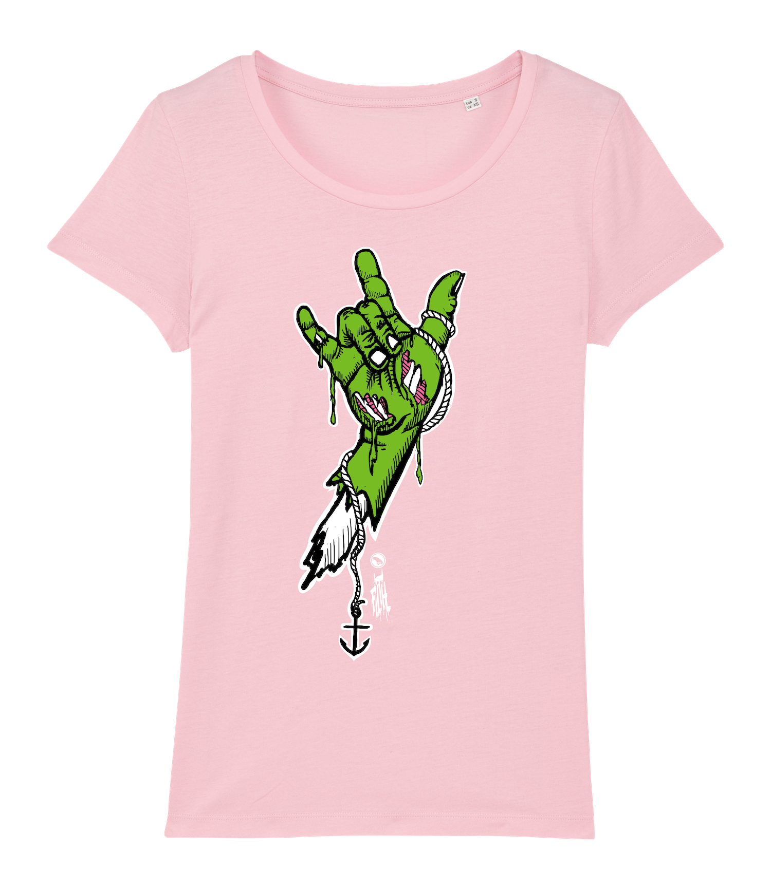 Surf t-shirt women, green rock hand on cotton pink T-shirt