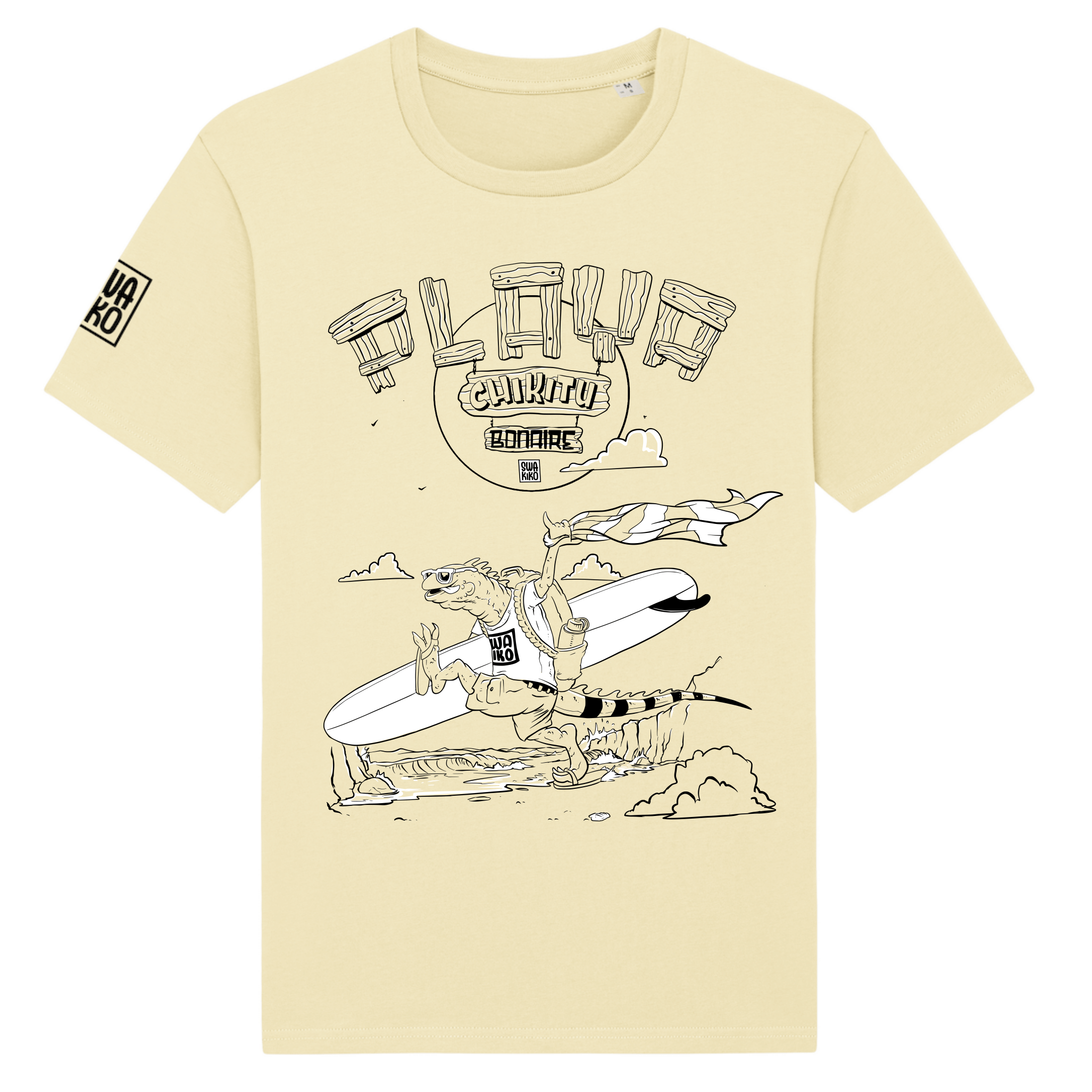 Geel Bonaire T-shirt: Cartoon van een leguaan die op Playa Chikitu met surfboard onder de arm naar zee rent - Speels design