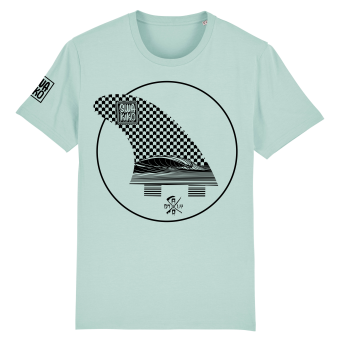 Turqoise T-shirt met geblokt design en mooie golf in een surfboard fin 
