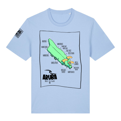 Blauw T-shirt met een design van Aruba als beschadigd surfboard en de namen van stranden en surf spots.