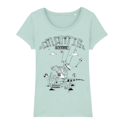 Turquoise dames Bonaire T-shirt met een leguaan die op Atlantis kite beach loopt met een kite in zijn hand