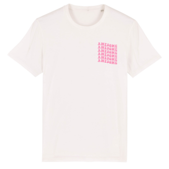 Voorkant van een gebroken wit T-shirt met een roze golvende awesome borstprint 