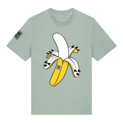 Groen T-shirt met zeer origineel artwork van een banaan met surf fins