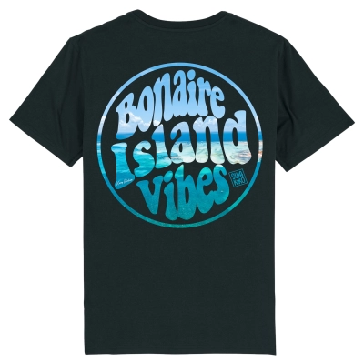 Zwart T-shirt met Bonaire Island Vibes en de prachtige turquoise tinten van de  caribische zee.
