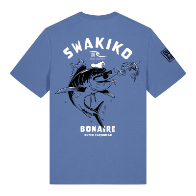 Blauw Swakiko Bonaire T-shirt met cartoon print van een Blue Marlin met zonnebril 