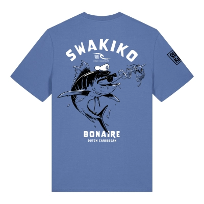 Blauw Swakiko Bonaire T-shirt met cartoon print van een Blue Marlin met zonnebril