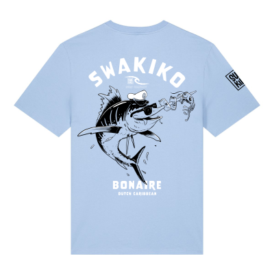 Licht blauw Swakiko Bonaire T-shirt met cartoon print van een Blue Marlin met zonnebril 