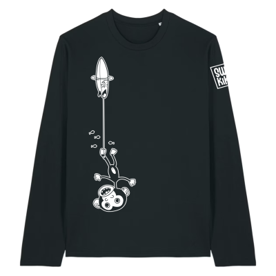Grappig zwart lange mouwen T-shirt  met een ondersteboven hangende aap aan zijn surfboard