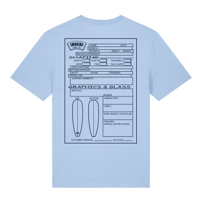 Licht blauw T-shirt met artwork van een invulformulier voor het maken van een Custom Surfboard