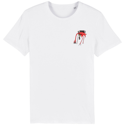 Wit T-shirt met op de borst een design van een flamingo met een duikfles op de rug