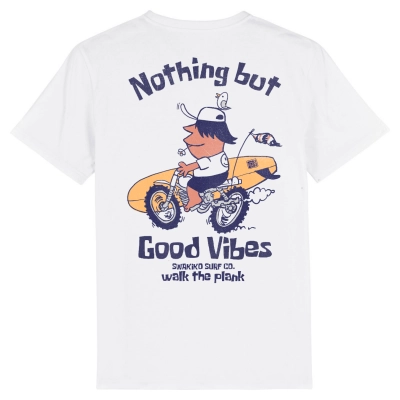 Wit T-shirt met een vrolijke snuiter die op zijn fiets rijdt met een surfboard en de tekst: 'Nothing but good vibes'
