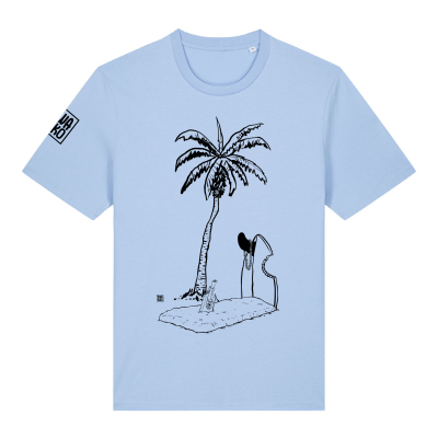 Licht blauw T-shirt met design van een palmboom bij een graf