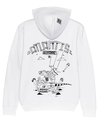 Witte hoodie met een leguaan die met een kite in zijn hand loopt op het Atlantis kite strand op Bonaire