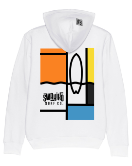 Witte hoodie met kleurrijk artwork met een surfboard in de stijl van Mondriaan