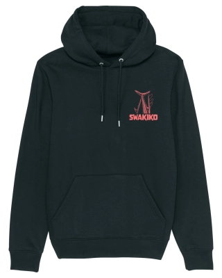 Zwarte hoodie met een rood Swakiko borstlogo en de staart van een tonijn met surfboard