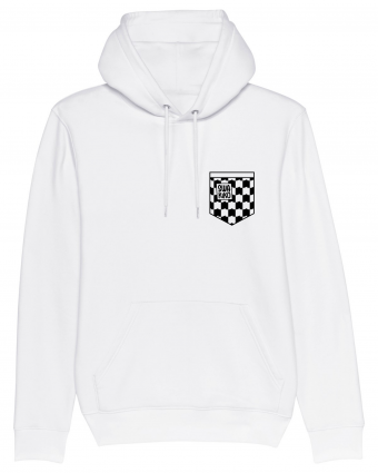 Voorkant van een witte hoodie met SWAKiKO logo in geblokte ska golfjes 