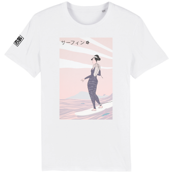 Wit t-shirt met rustiek design van Japanse surfster in Neo Edo stijl