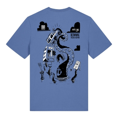 Blauw Swakiko Bonaire T-shirt met cartoon print van een Blue Marlin met zonnebril