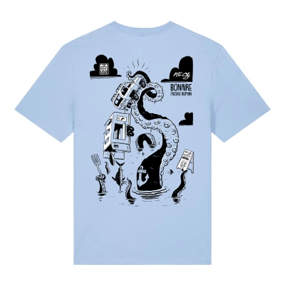 Licht blauw Swakiko Bonaire T-shirt met cartoon print van een Blue Marlin met zonnebril