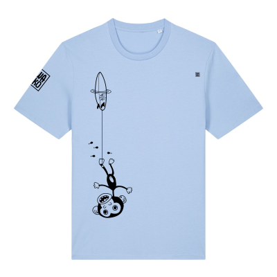 Grappig licht blauw T-shirt  met een ondersteboven hangende aap aan zijn surfboard,