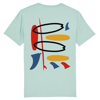 Kleurrijk surf geïnspireerd T-shirt, turquoise, met Miró-achtig kunstdesign