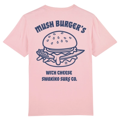 Roze Mush Burger T-shirt met  blauw design van een surfboard in hamburger met kaas!