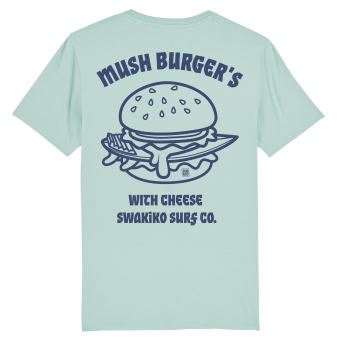 Turquoise Mush Burger T-shirt met  blauw design van een surfboard in hamburger met kaas!