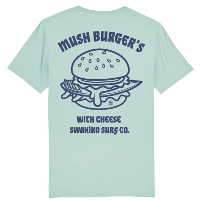 Turquoise Mush Burger T-shirt met  blauw design van een surfboard in hamburger met kaas!