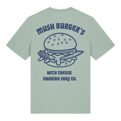 Aloë groen Mush Burger T-shirt met  blauw design van een surfboard in hamburger met kaas!