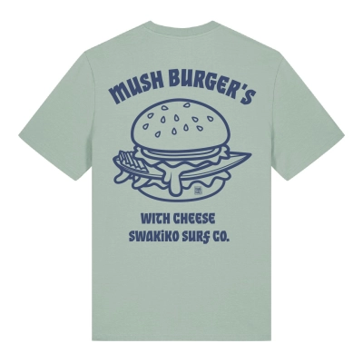 Aloë groen Mush Burger T-shirt met  blauw design van een surfboard in hamburger met kaas!