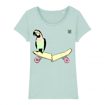 Skate T-shirt women, parrot on skateboard, caribbean blue