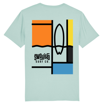 Turquoise T-shirt met een surf design geïnspireerd op de kunst van Mondriaan