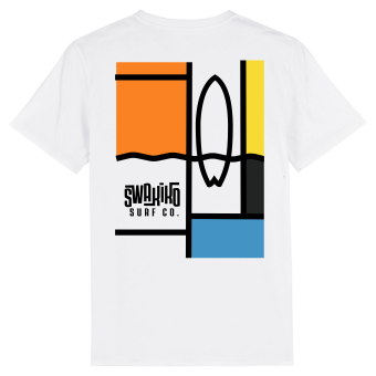 Wit T-shirt met een surf design geïnspireerd op de kunst van Mondriaan