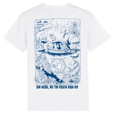 Wit Roffa Reefs T-shirts met levendig koraalrif en de tekst 'Sin webu no tin fiesta riba rif'