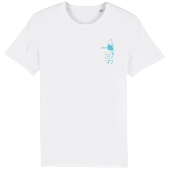 Voorkant van een wit T-shirts met op de borst een haai-surfboard design