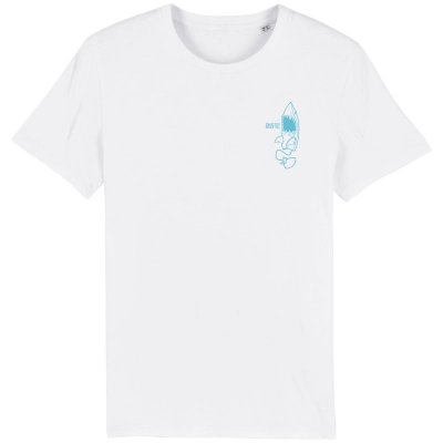 Voorkant van een wit T-shirts met op de borst een haai-surfboard design