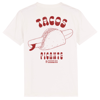 Wit T-shirt met een originele print van een surfboard in een Mexicaanse picante taco