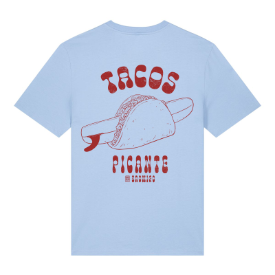 Licht blauw T-shirt met originele print van een surfboard in een Mexicaanse picante taco