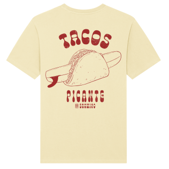 Geel T-shirt met originele print van een surfboard in een Mexicaanse picante taco