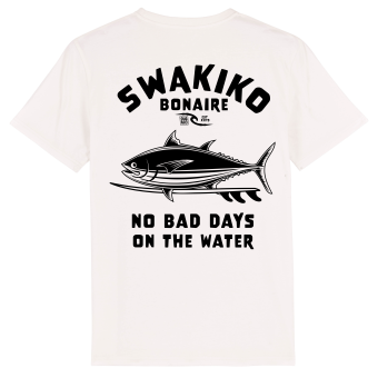 Wit Bonaire T-shirt met grappig surfende tonijn - Een geweldige dag op het water vol humor en avontuur!