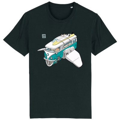 Zwart T-shirt met een futuristische uitvoering van de klassieke volkswagen bus, bekend in de surf wereld!