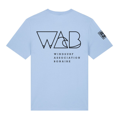 Blauw T-shirt van Windsurf Association Bonaire met Swakiko logo op de mouw